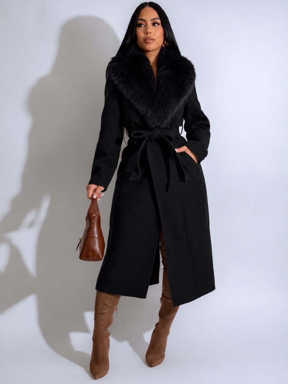 Classic Faux-Fur Collar Long Coat with Tie Belt